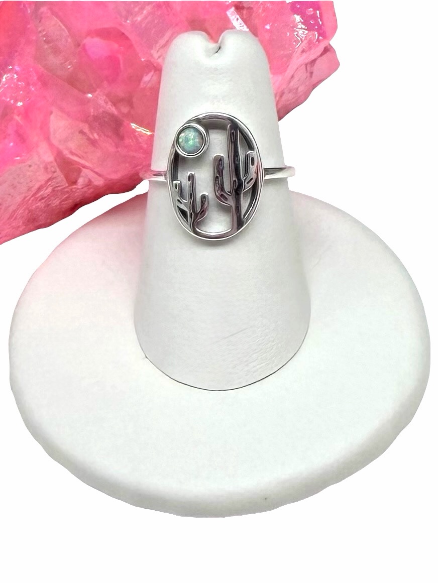 Fire Opal Cactus Ring Size 5 Solid 925 Sterling Silver Cacti Desert Scene